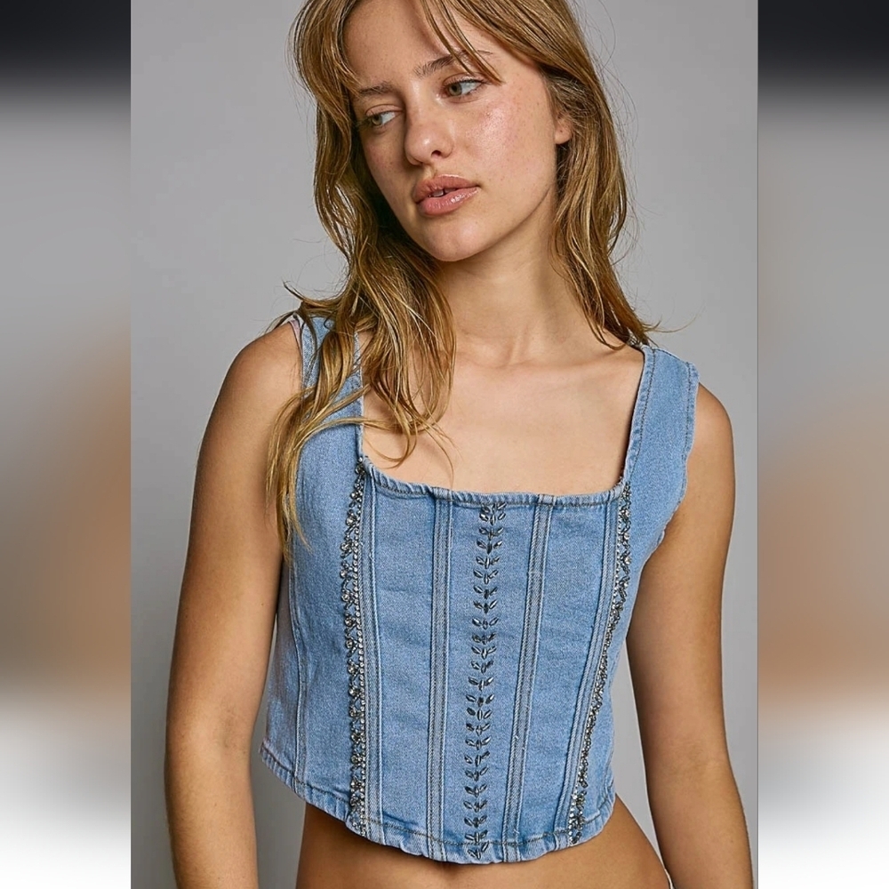 POL Rhinestone Denim Corset Tank Top, Small. New With Tags - Picture 2 of 6